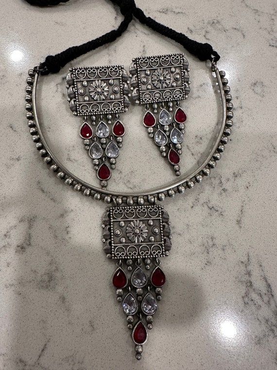 Silver look alike oxidized silver necklace set with red and green stones | oxidized silver jewelry set indian | indian jewelry online usa