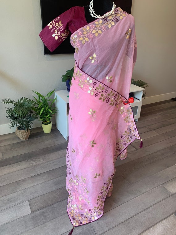36-42 size fully stitched blouse | Party wear shimmer chiffon saree with gota work and embroidery border | party wear sarees online usa