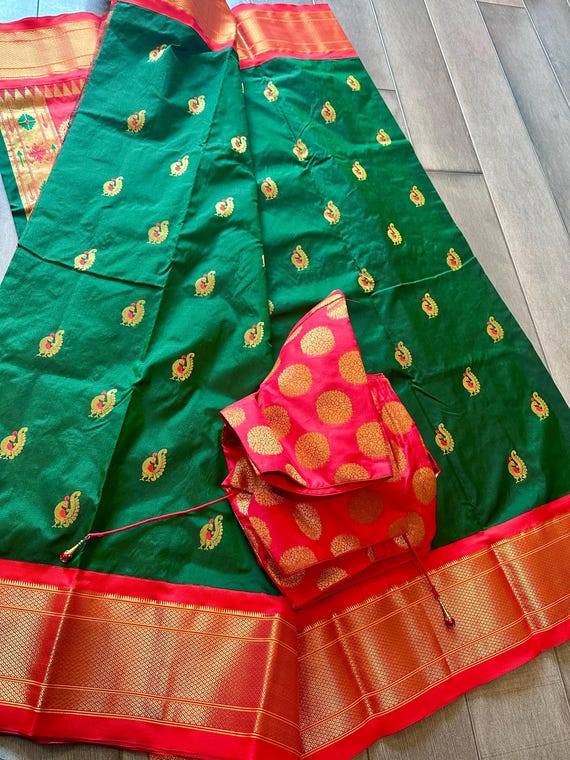 Size 40-42 optional stitched blouse | Silk mark certified, pure Paithani silk saree | Kadiyal border pure paithani silk saree online usa