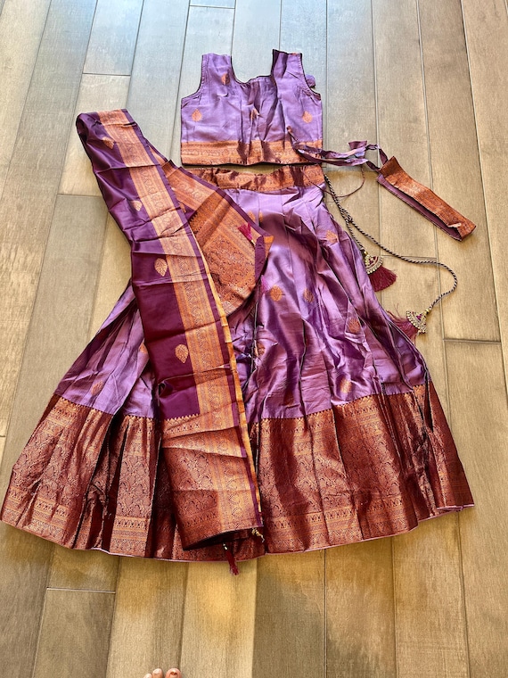Size 30 Girls Half Saree Set in Banarasi Mixed silk | Girls half saree sets online shopping usa | banarasi silk half saree | girls lehenga