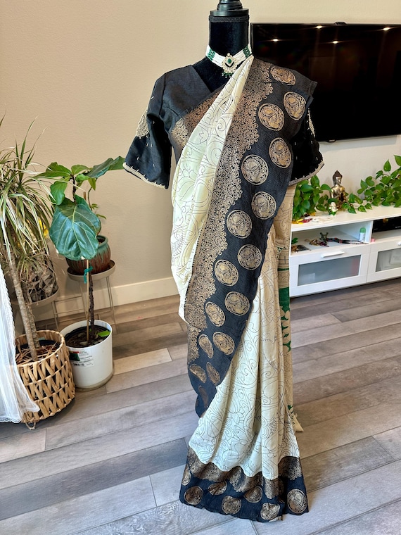 Size 38-40 optional stitched blouse | Semi silk kalamkari saree with zari woven border | kalamkari silk sarees online shopping usa | ethnic