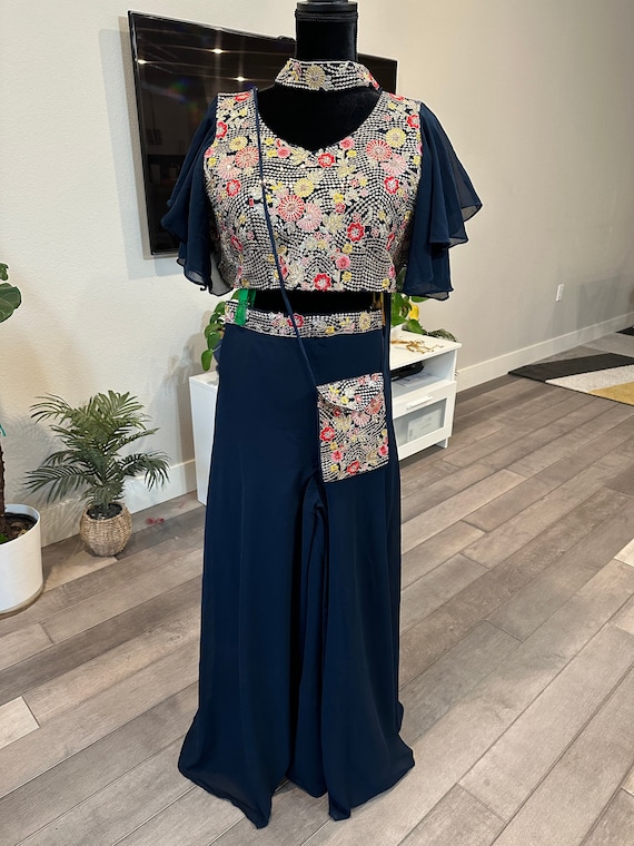 Size L : Fusion palazzo and blouse set with jeweled necklace style dupatta | Indian party wear sets online shopping usa | sequin work party