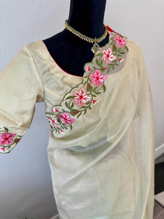 Size 36-44 inches blouse | Trending crushed tissue saree in muted gold and scallop bordered embroidery | party wear sarees online shopping