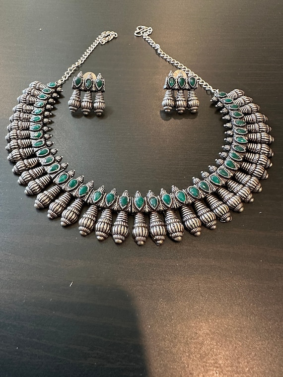 Beautiful oxidized silver necklace and earrings set with green stone | Indian jewelry set online shopping usa | Green stone necklace set