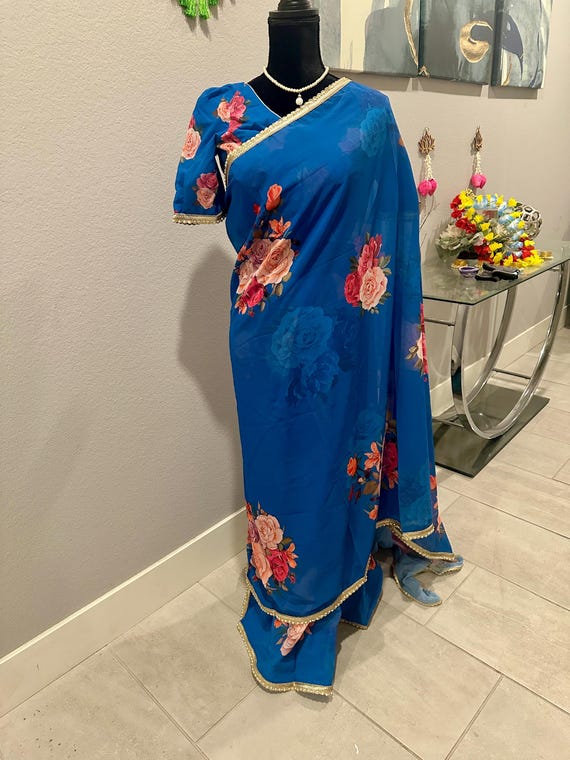 Size 36-44 stitched blouse | Beautiful blue party wear saree | designer saree with blouse online shopping usa | ready to wear ethnic sarees