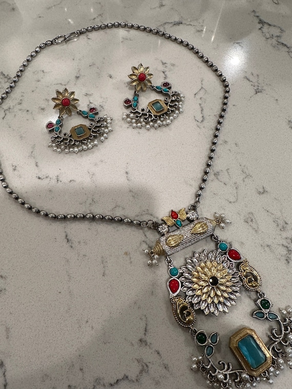 Oxidized silver necklace set with stones | indian jewelry sets online shopping usa | black metal jewelry set | necklace with earrings set