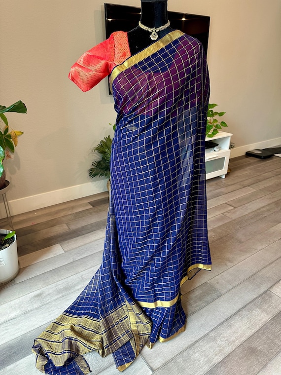 Size 36-42 stitched blouse | Chiffon mixed silk saree in checks and small zari border | light weight sarees online shopping usa | ethnic