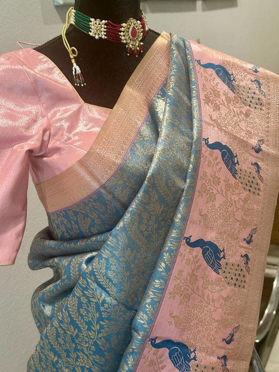 Size 36-44 inches stitched blouse | semi silk kanjivaram saree with stitched blouse | pastel shade kanchi pattu saree online shopping usa