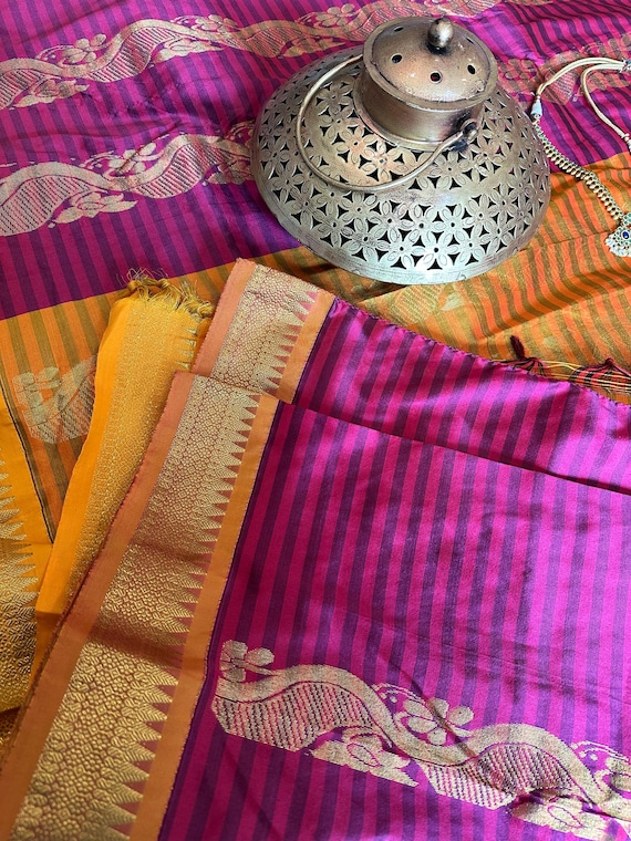 Size 38-46 stitched blouse | Kanjivaram semi silk saree with vertical zari | kanchi pattu sarees online shopping usa | Kanchi silk saree