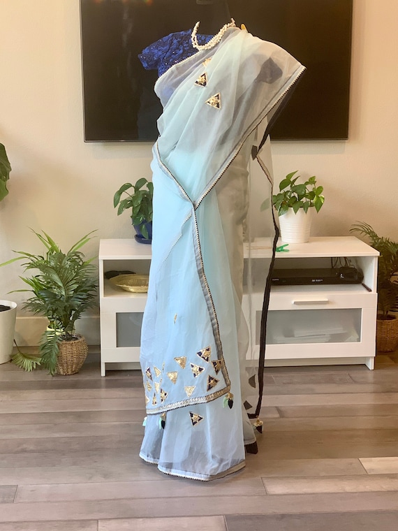 Size 36 - 38 adjustable blue soft organza party wear saree with gota patti and designer latkans | party wear sarees | organza saree online