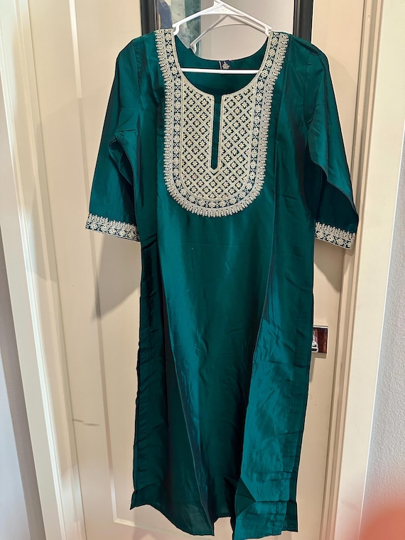 Size M-L embroidered kurti in rama green dual tone | Diwali | gifts for her | ethnic kurti online shopping usa | silk kurtis  | zardosi work