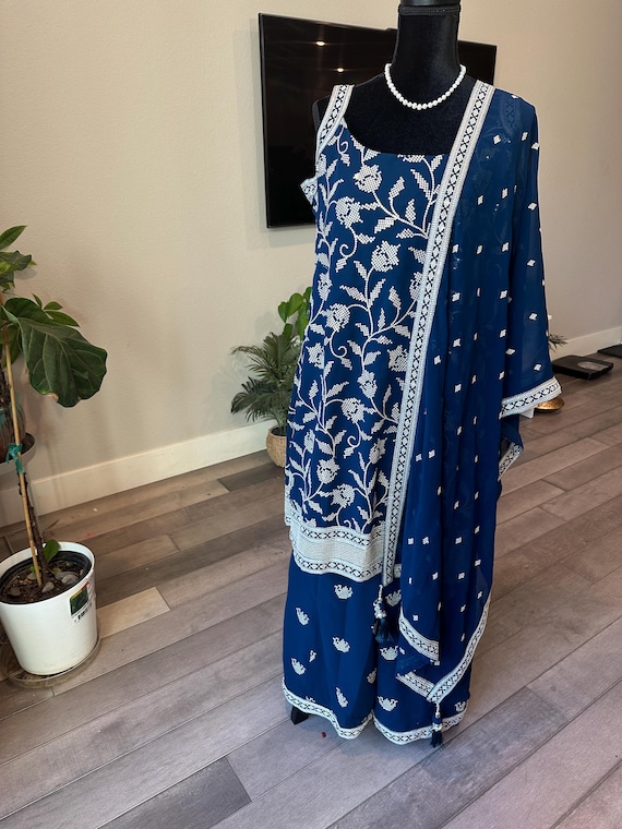 Size XL | Teal blue party wear kurti and palazzo set | party wear kurtis online shopping usa | sequin work kurtis online | ethnic party wear
