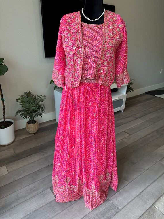 Size M: Pink lehenga choli set with outer jacket | sequin work and zardosi work lehenga choli set online shopping usa | party wear lehenga