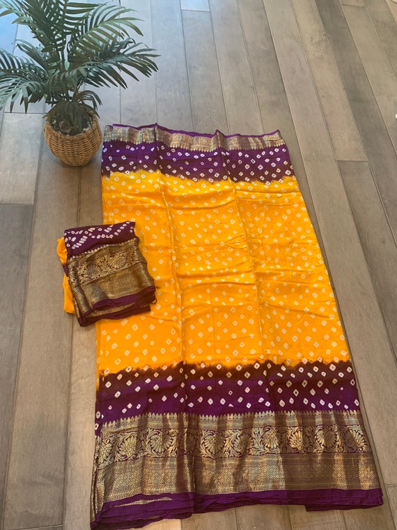 Exquisite Bandhini Mixed Silk Saree in Dual Shade and Handmade Zari Border | bandhani saree | bandhani silk saree