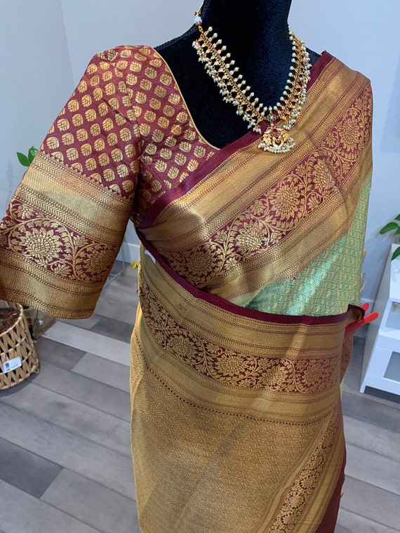 Size 36 - 42 inches fully stitched blouse | Grand, kubera mixed silk saree with threadwork zari | thread zari sarees online shopping usa