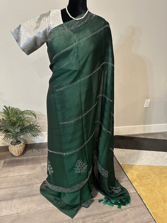Size 40-42 inches optional stitched blouse | Shimmer georgette party wear saree with rhinestone stone work | party wear sarees online usa