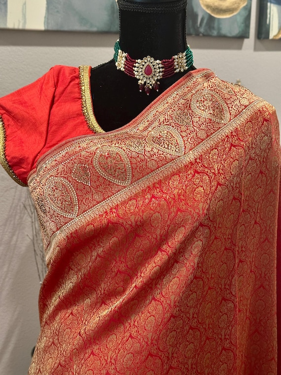 Size 38-40 optional stitched blouse | Grand banarasi satin silk saree with stone work accents | Stone work silk saree | banaras wedding sari