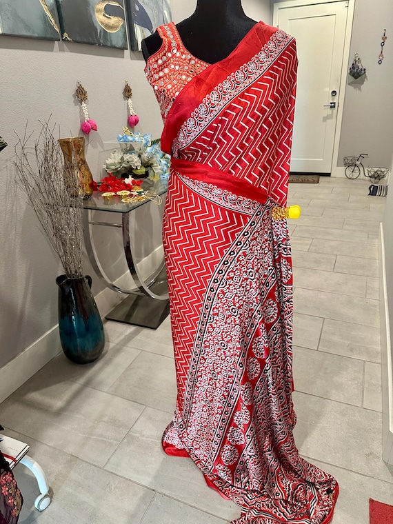 Size 38 optional blouse | Party wear satin silk saree with ajrakh border and pallu | ajrakh sarees | satin sarees online shopping usa