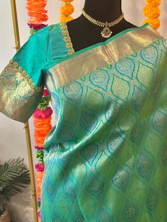 36-44 inches fully stitched blouse | Pure, silk mark certified Bridal Kanjivaram Silk | Bridal kanchi pattu online shopping usa | green silk