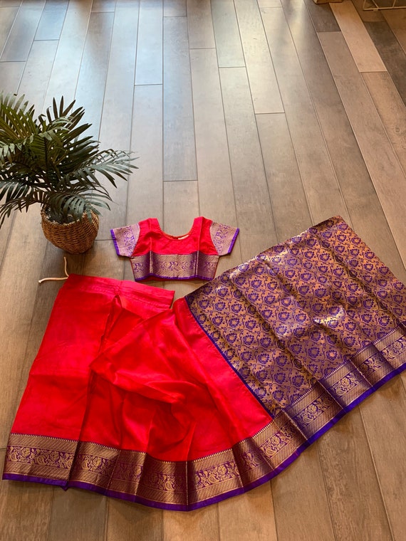 Small Kids Silk Half Saree Set with Stitched Blouse