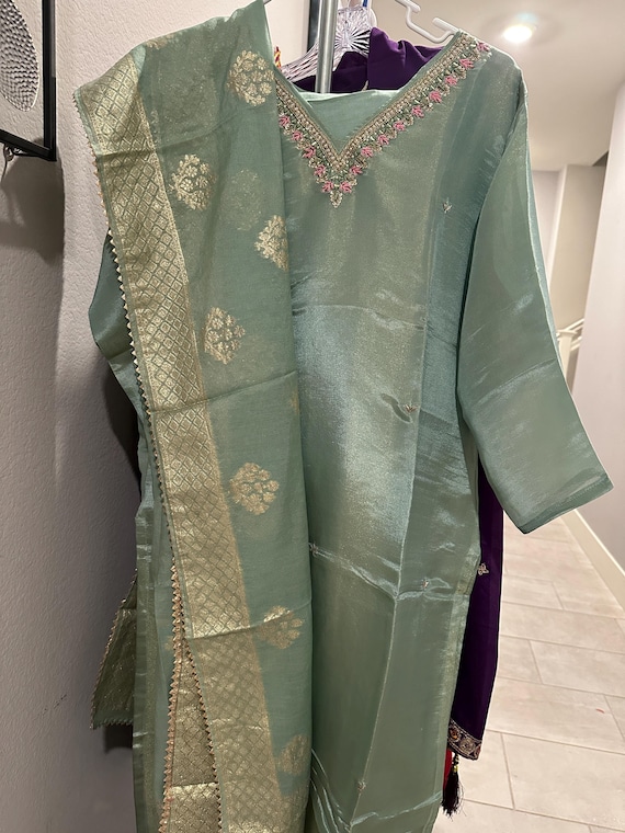 Size L | Pastel shimmer tissue silk indian suit set with zari woven dupatta | party wear salwar suit online shopping usa | ethnic indian