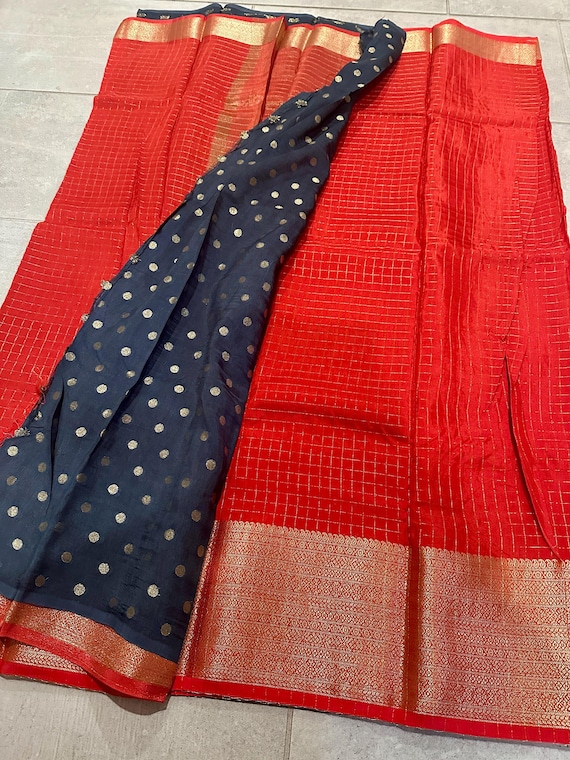 Semi silk saree in checks and contrast blouse piece | semi silk sarees online shopping usa | red silk saree | red checks saree | gift sarees