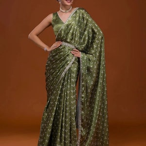 Size 36-42 fully stitched blouse - Awesome satin silk party wear saree with sequin and lace border | Bollywood sarees online shopping usa