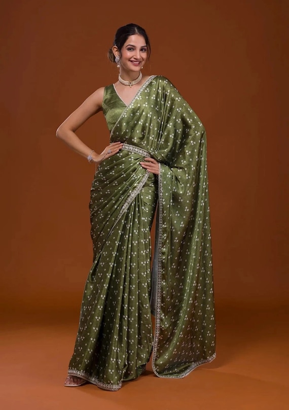 Size 36-42 fully stitched blouse - Awesome satin silk party wear saree with sequin and lace border | Bollywood sarees online shopping usa