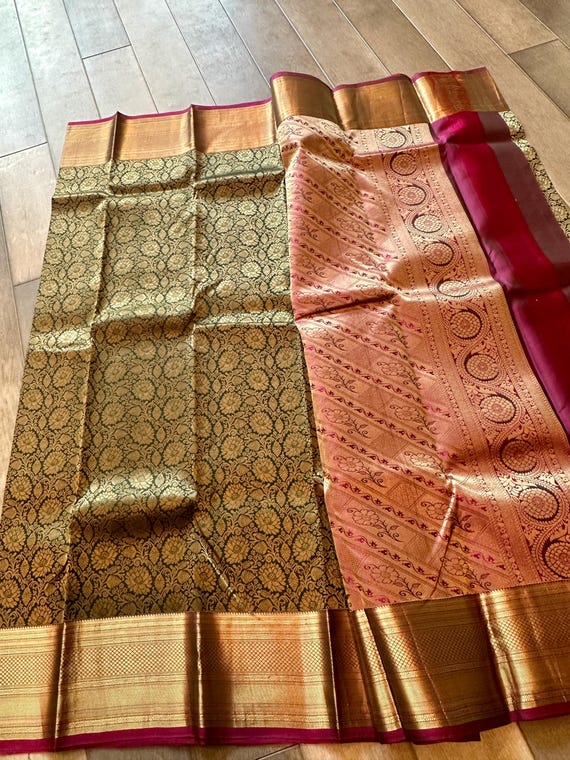 Size 36 - 40 optional blouse | Muted gold, antique zari kanjivaram silk saree online shopping usa | kanchi pattu sarees | kanchipuram silk