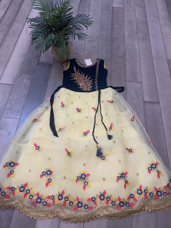 Ages 12-13 year old kids: Exquisite Kids Gown in Soft Netted Embroidery | party wear kids gowns online shopping usa