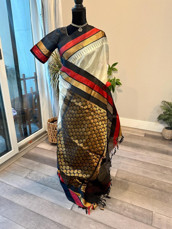 Size 36-44 stitched blouse | Classic beige and black kuppadam silk saree online shopping usa | kuppadam pattu sarees usa | handwoven sarees