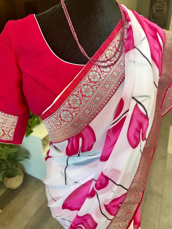 Size 36-44 fully stitched blouse - Beautiful floral georgette party wear saree | party wear sarees online shopping usa | designer sarees usa