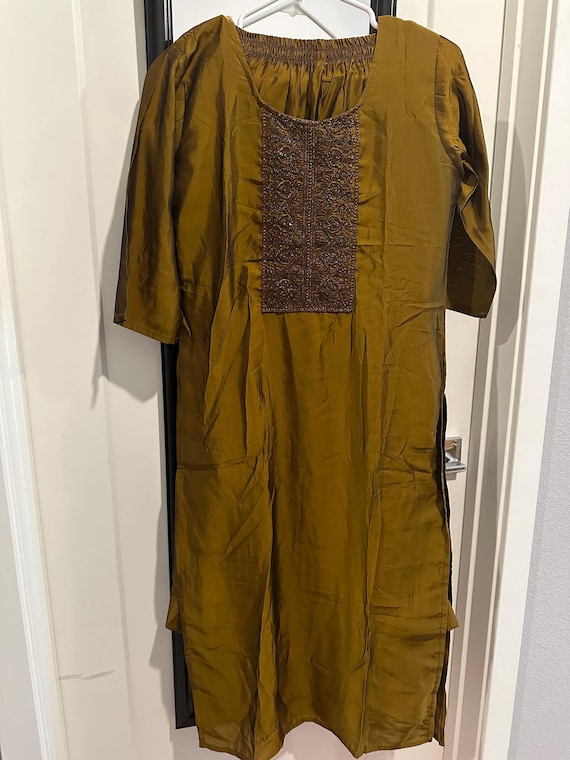 Size S/M | Metallic mehendi green salwar suit with embroidery work | party wear salwar suits online shopping usa | indian dress for New Year