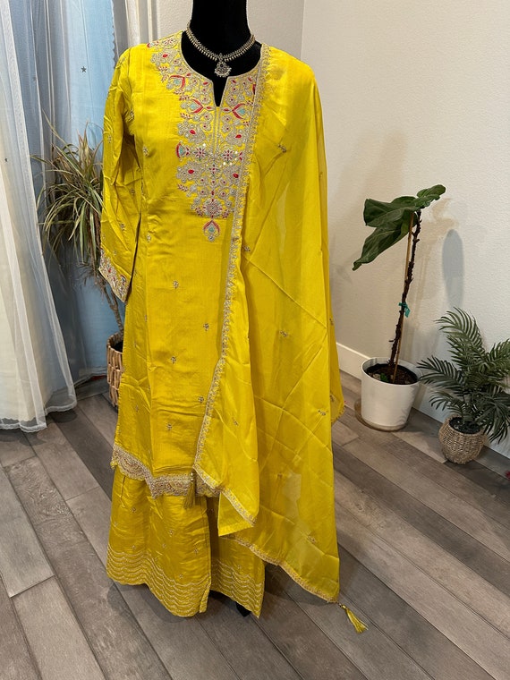 Size L: Roman silk sharara set with zardosi and sequin work | sharara set for women online shopping usa | party wear shararas for women