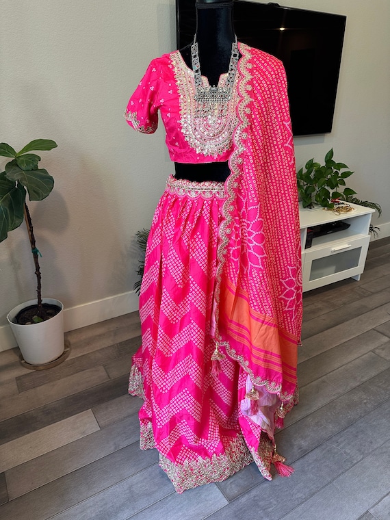 Size L-XL Modal silk lehenga choli set with bandhini prints and sequin work, zardosi work | party wear lehengas online shopping usa | ethnic