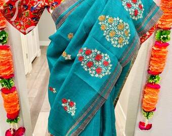 Tussar mixed silk saree with Embroidery work | embroidered tussar silk sarees online shopping usa | semi tussar silk | diwali | party wear