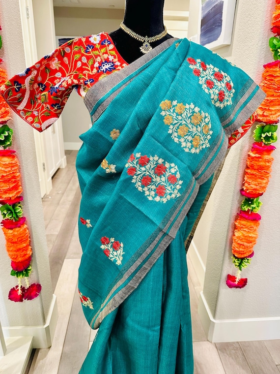 Tussar mixed silk saree with Embroidery work | embroidered tussar silk sarees online shopping usa | semi tussar silk | diwali | party wear