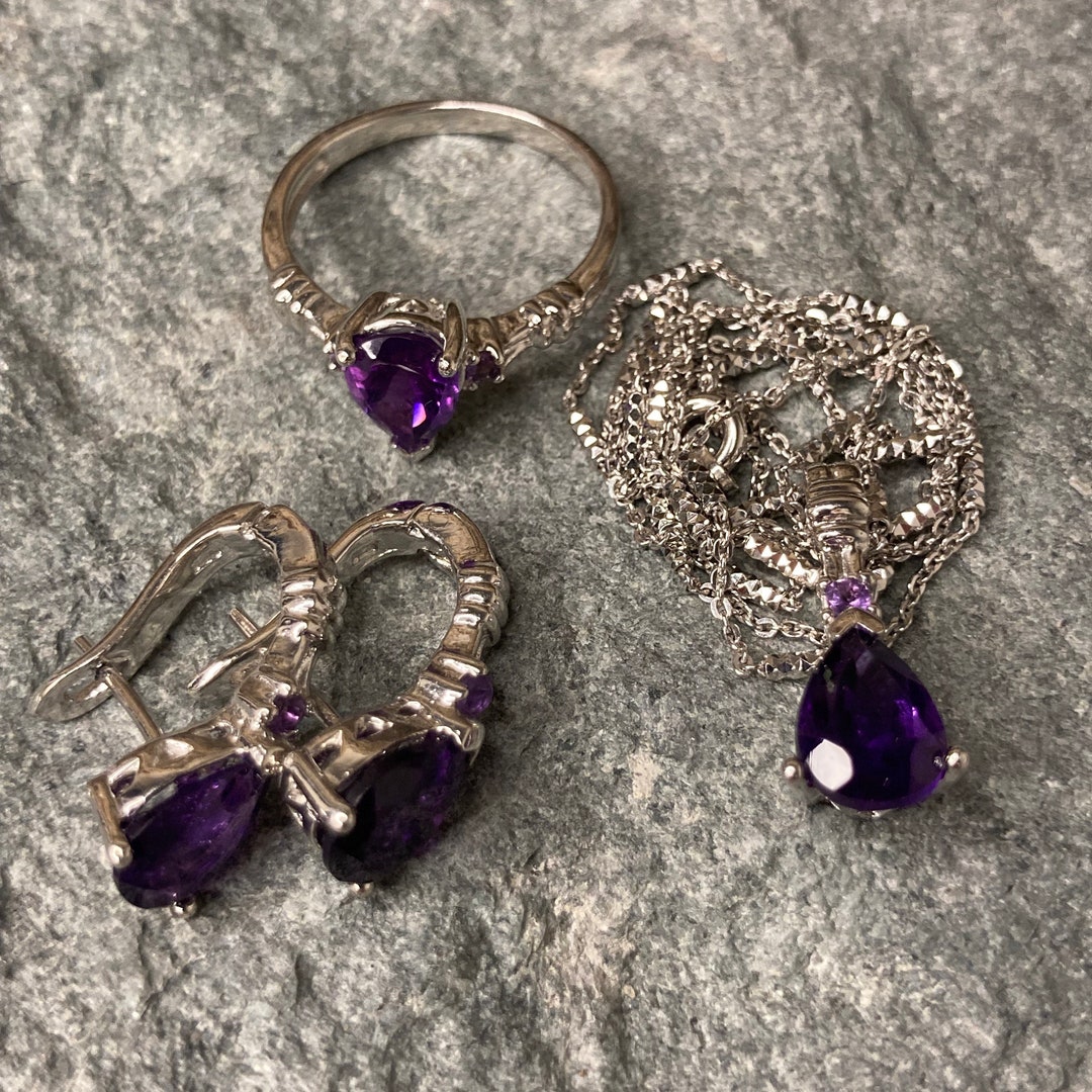 Vintage Sterling Silver Amethyst Set With Ring, Necklace and Earrings ...