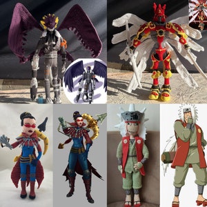 May include: A collection of crocheted figures, including a purple and black dragon, a red and white angel, a red and black warrior, a green and brown character, a purple and black warrior, and a red and white ninja.