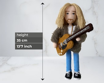 Kurt Cobain - Nirvana Tribute Crochet Doll - Handcrafted Amigurumi Nirvana Kurt Cobain Green Cardigan Figure (Guitar Included)