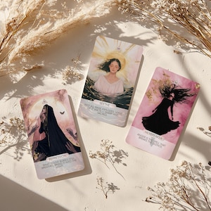 May include: Three tarot cards with illustrations and text. The cards feature images of a woman in water, a woman in a black cloak, and a woman with flowing hair. The text on the cards includes "Seethe", "Hexbreaker", and "Repression".