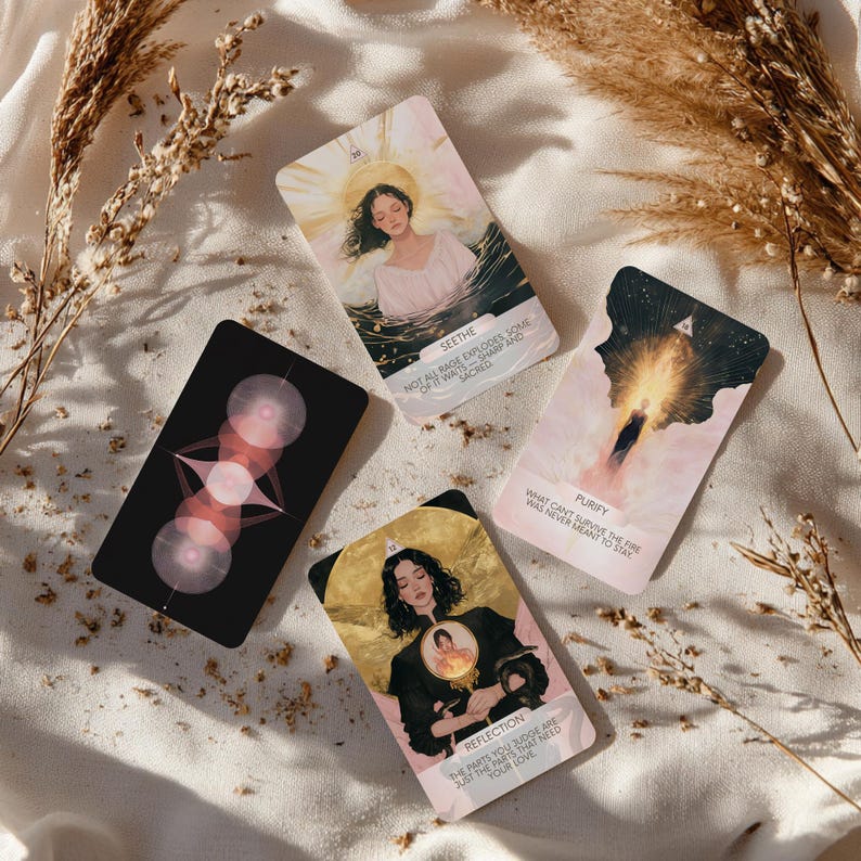May include: Four tarot cards with illustrations and text are arranged on a white surface with dried plants. The cards feature images of women, geometric shapes, and celestial themes. The cards have titles like "Seethe" and "Purify".