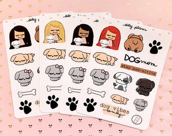 May include: Four sheets of stickers featuring illustrations of dogs and people. The stickers are on a pink background with white bows. The text on the stickers includes "dog mom", "stay paw-sitive", "dog vibes only", and "sky plans".