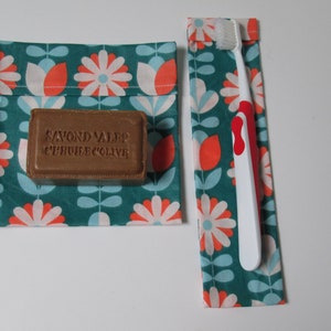 Soap pouch and toothbrush case in coated cotton