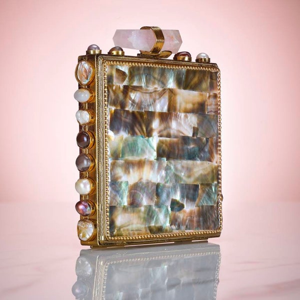 Semi Precious Stone Agate Crystal evening clutch handbag including Natural Stone Crystal Mother of Pearl - ELIZA