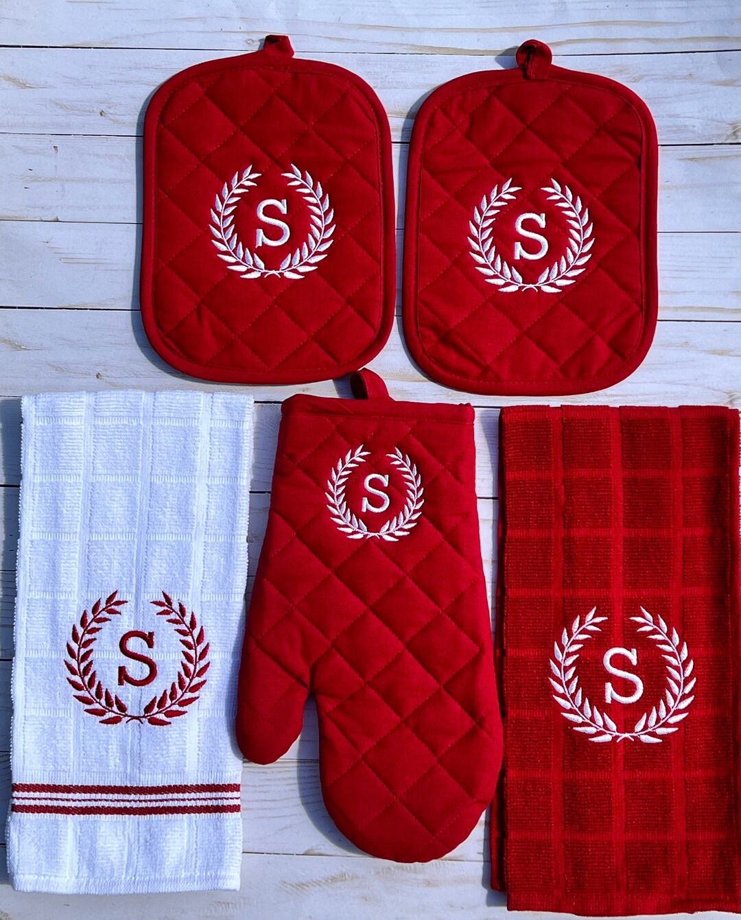 Personalized Kitchen Towel Set 5 Pieces, Embroidered Kitchen Towels, Custom Dish Towel