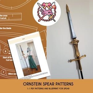 Puede incluir: Un conjunto de patrones imprimibles para crear una réplica de la lanza de Ornstein del videojuego Dark Souls. Los patrones incluyen un plano de la lanza e instrucciones para cortar y ensamblar las piezas.