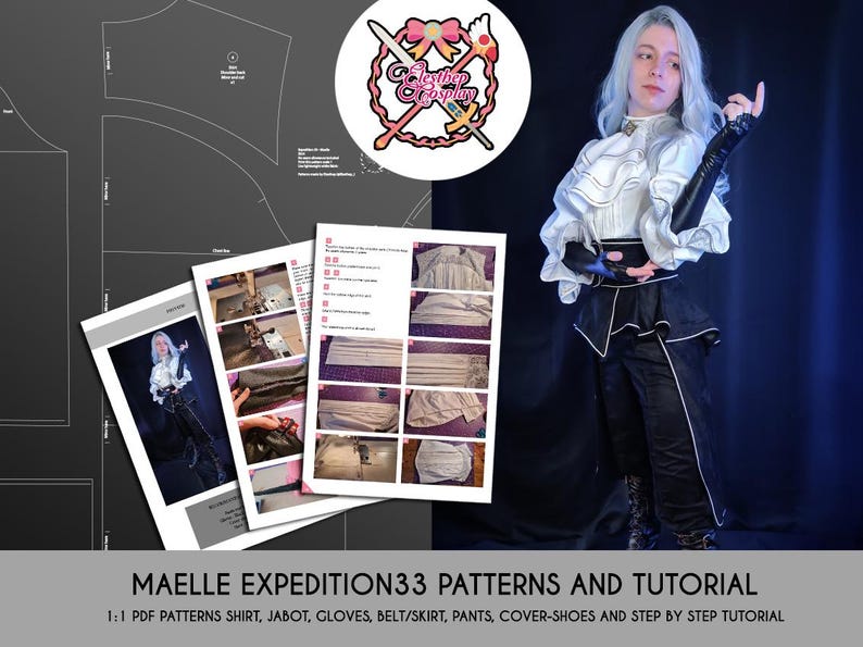 Op de afbeelding: Afbeelding van een cosplay patroon- en tutorialset. De set bevat PDF-patronen voor een shirt, jabot, handschoenen, riem/rok, broek en schoenhoezen. De afbeelding toont ook een persoon in de cosplay-outfit, met de tekst "MAELLE EXPEDITION33 PATTERNS AND TUTORIAL".