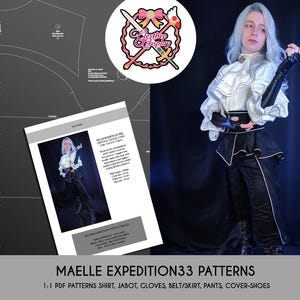May include: Image of a person in a white ruffled shirt, black pants, and gloves, with a document and logo. The document shows a person in the same outfit. The logo says "Esthep Cosplay". The text at the bottom says "MAELLE EXPEDITION33 PATTERNS".