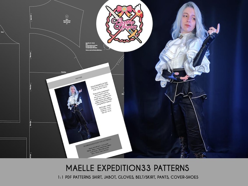 May include: Image of a person in a white ruffled shirt, black pants, and gloves, with a document and logo. The document shows a person in the same outfit. The logo says "Esthep Cosplay". The text at the bottom says "MAELLE EXPEDITION33 PATTERNS".